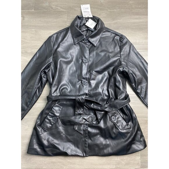 Zara Black Faux Leather Short Trench Water Repellent Jacket Women’s Size Small - Picture 9 of 13